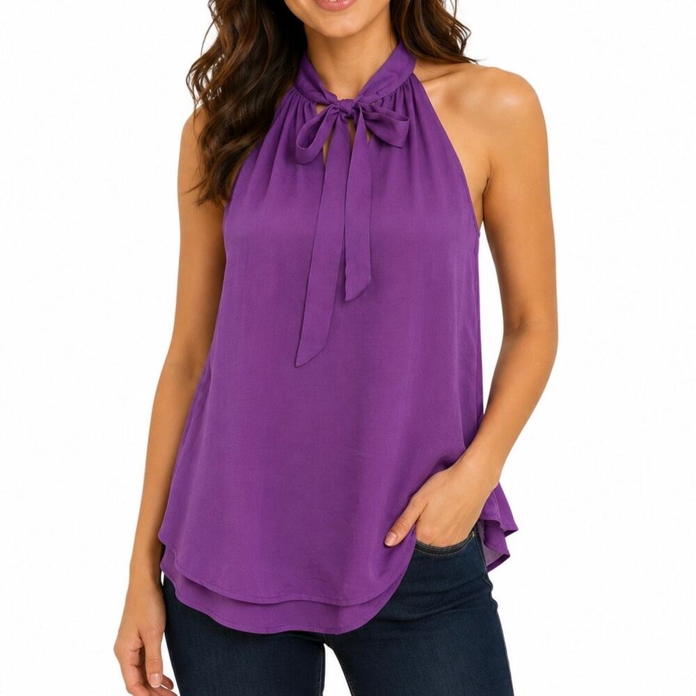 EUC Como Black Purple Satin Tie-Neck Halter Cutout Top. Size M.